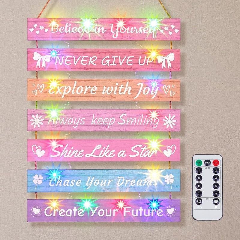 FIOBEE Girls Room Décor for Teen Girls Boys with LED Light Wall Decor for Bedroom Motivational Inspirational Wall Art Room Decoration for Kids Studyroom, 8 Kinds of Lights, Multi-Color - Image 1
